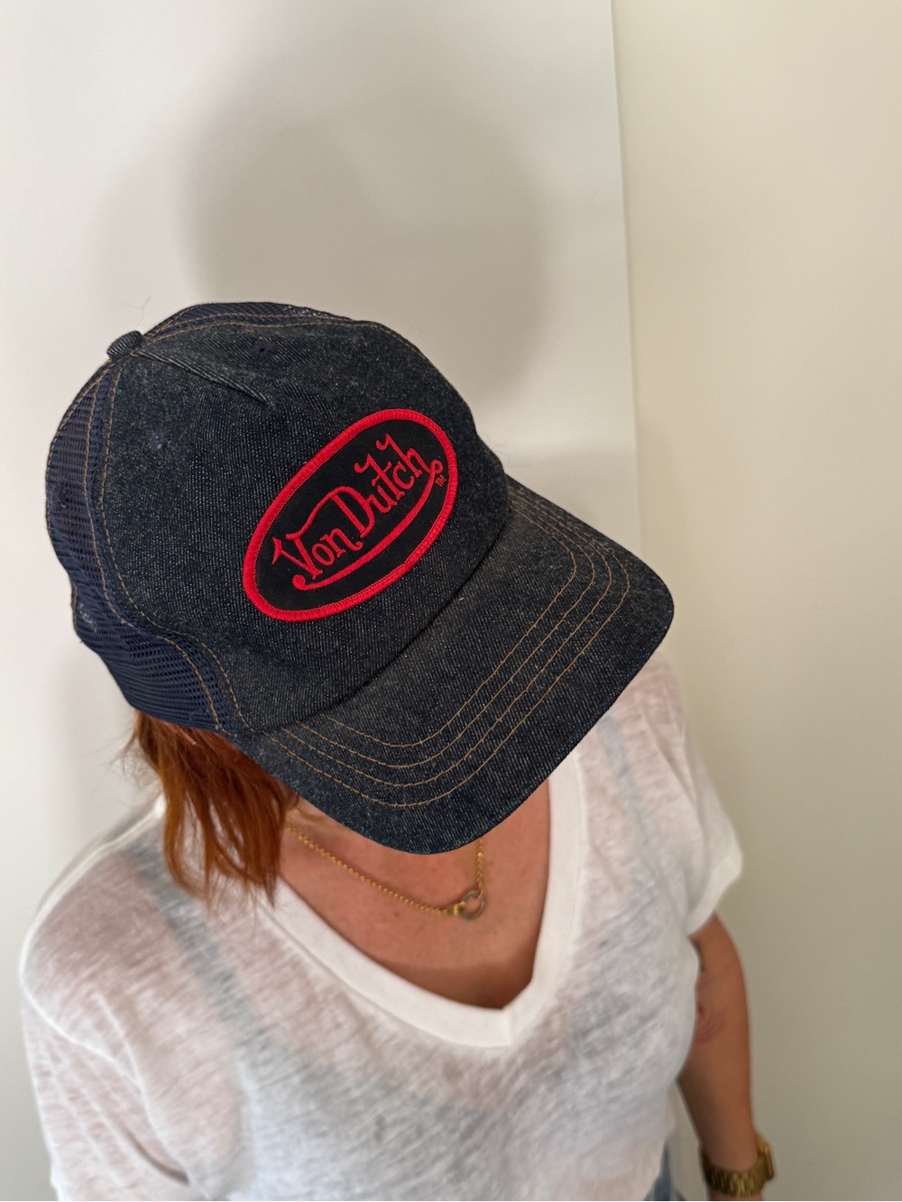 Von Dutch 2000s Dark Denim Trucker Hat Mesh Back with Red Logo